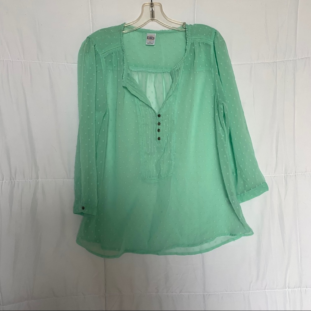 Bila Mint Sheer Blouse w/ Swiss Polka Dots, Sz. L